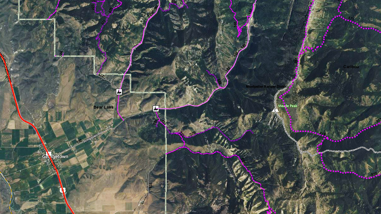 Georgetown area trailhead for snowmobiling, ATV riding and mountain biking near Bear Lake and Montpelier Idaho
